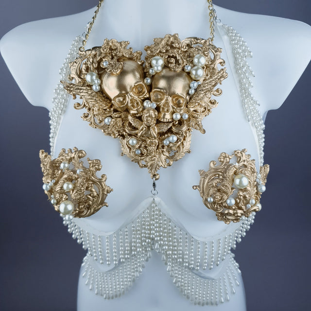 "Selene" Gold Filigree Skulls & Pearl Neckpiece