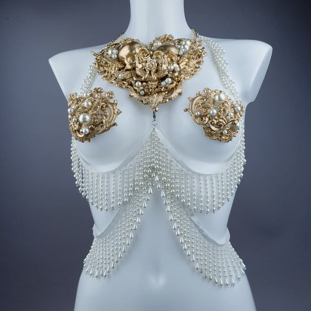 "Selene" Gold Filigree Skulls & Pearl Neckpiece
