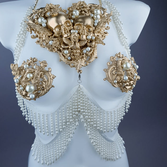 "Selene" Gold Filigree Skulls & Pearl Neckpiece