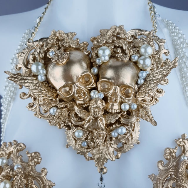 "Selene" Gold Filigree Skulls & Pearl Neckpiece