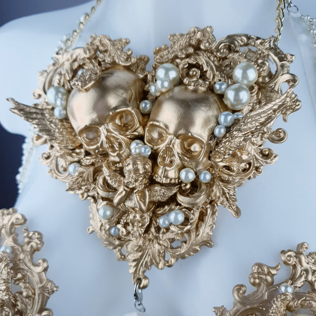 "Selene" Gold Filigree Skulls & Pearl Neckpiece