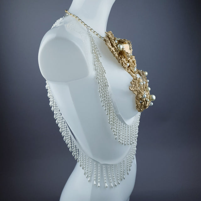 "Selene" Gold Filigree Skulls & Pearl Neckpiece