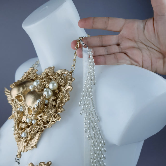 "Selene" Gold Filigree Skulls & Pearl Neckpiece