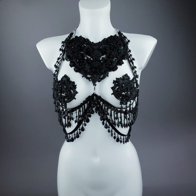 "Alzena" Black Filigree & Beading Body Jewellery with Nipple Pasties