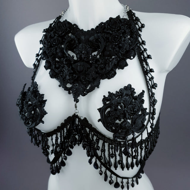 "Alzena" Black Filigree & Beading Body Jewellery with Nipple Pasties