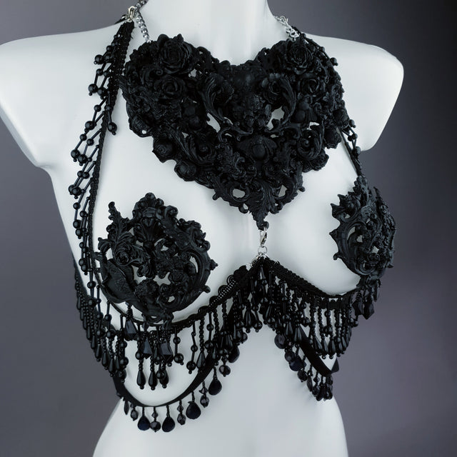 "Alzena" Black Filigree & Beading Body Jewellery with Nipple Pasties