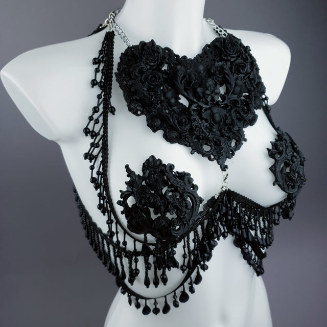 "Alzena" Black Filigree & Beading Body Jewellery with Nipple Pasties