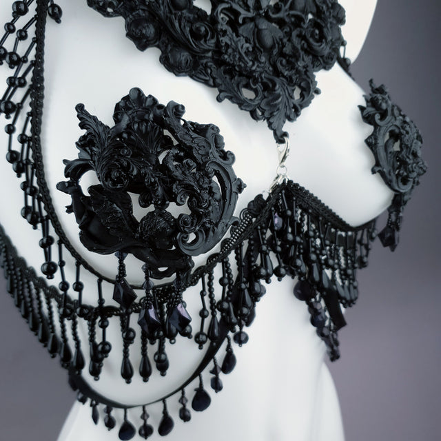 "Alzena" Black Filigree & Beading Body Jewellery with Nipple Pasties