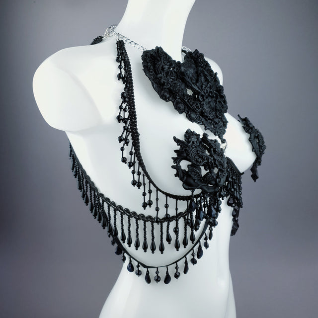 "Alzena" Black Filigree & Beading Body Jewellery with Nipple Pasties