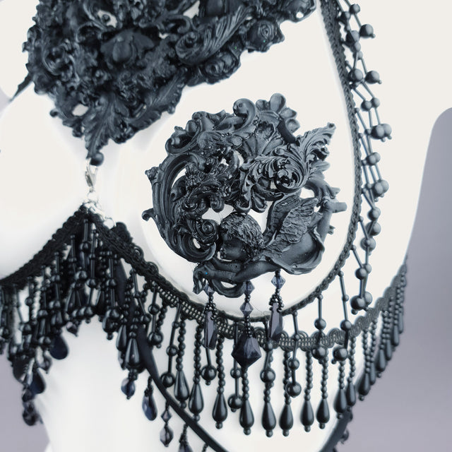 "Alzena" Black Filigree & Beading Body Jewellery with Nipple Pasties