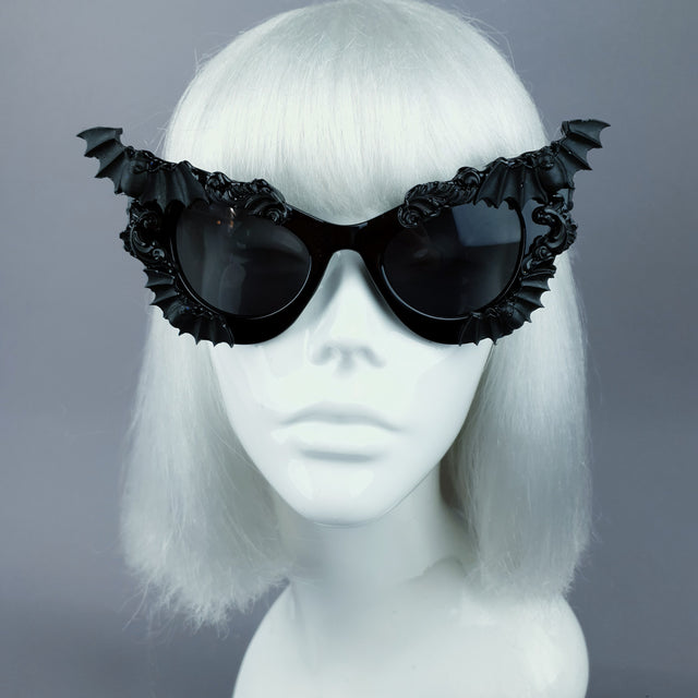 "Morticia" Black Filigree & Bat Sunglasses