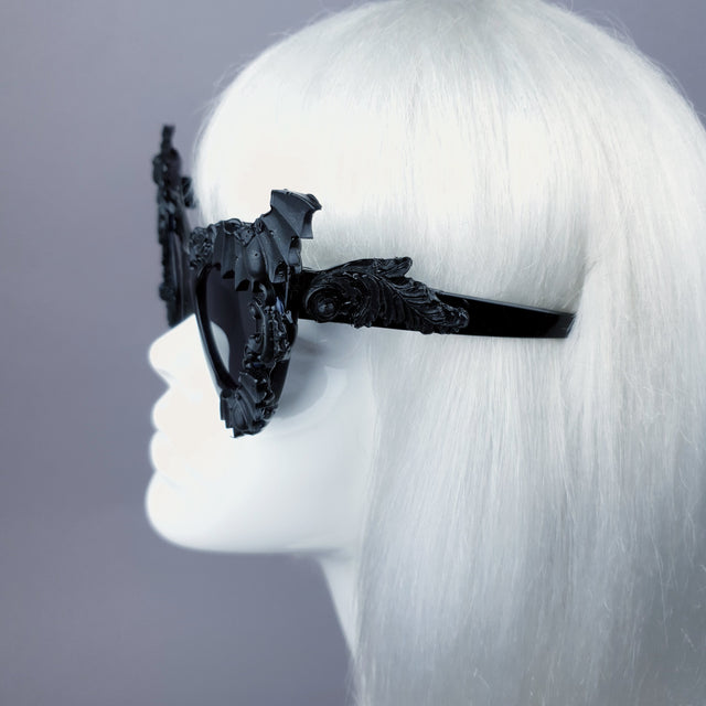 "Morticia" Black Filigree & Bat Sunglasses