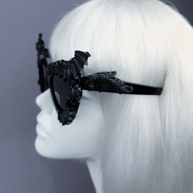 "Morticia" Black Filigree & Bat Sunglasses