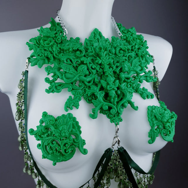 "Invidia" Green Filigree Nipple Pasties & Beading Body Jewellery