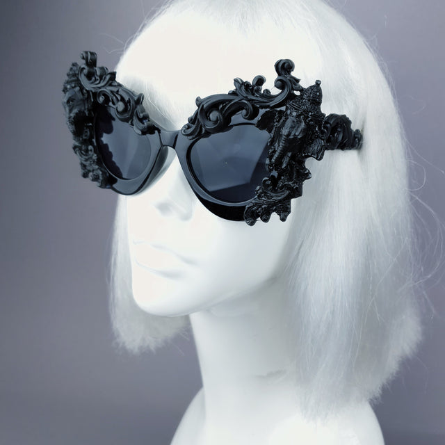 "Deva" Black Filigree Ganesh Catseye Sunglasses