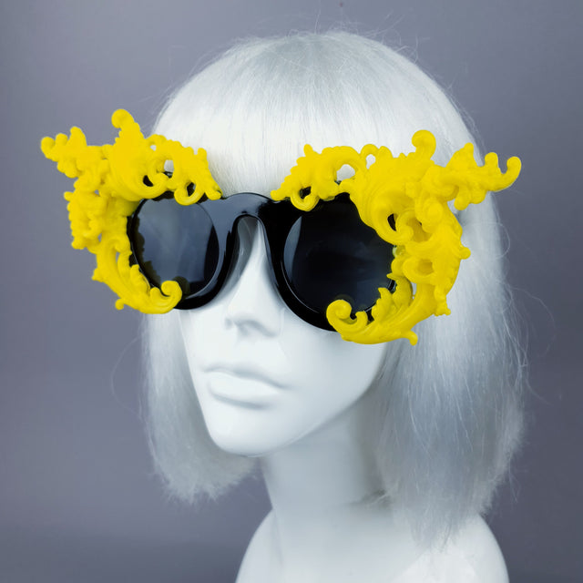 "La Barucci" Ornate Yellow Filigree on Black Sunglasses
