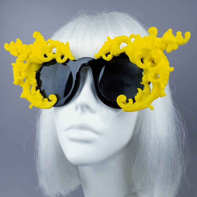 "La Barucci" Ornate Yellow Filigree on Black Sunglasses