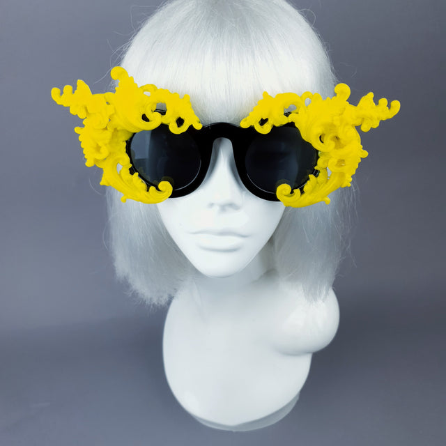 "La Barucci" Ornate Yellow Filigree on Black Sunglasses