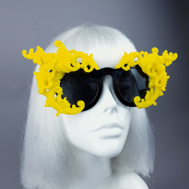 "La Barucci" Ornate Yellow Filigree on Black Sunglasses