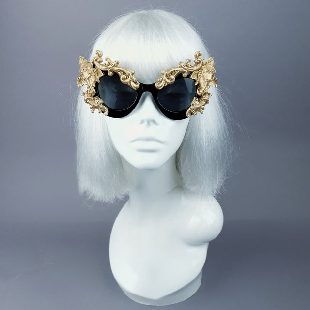 "Deva" Black & Gold Filigree Ganesh Catseye Sunglasses