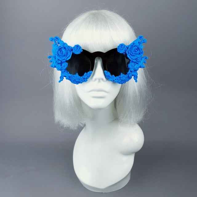 "La Belle Otero" Ornate Blue Filigree on Black Sunglasses