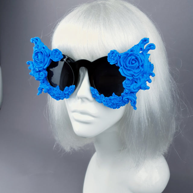 "La Belle Otero" Ornate Blue Filigree on Black Sunglasses