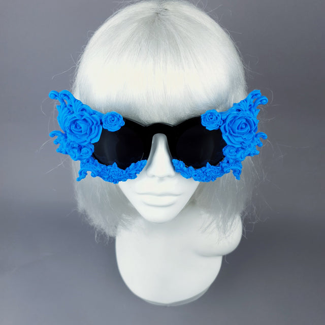 "La Belle Otero" Ornate Blue Filigree on Black Sunglasses