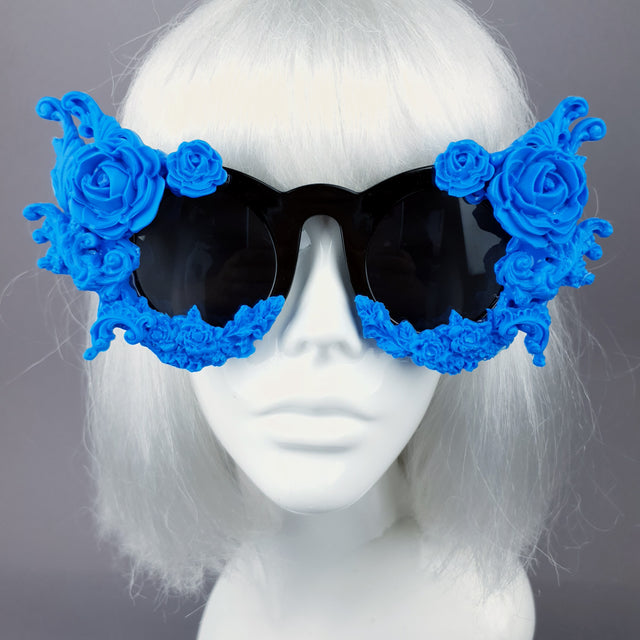 "La Belle Otero" Ornate Blue Filigree on Black Sunglasses