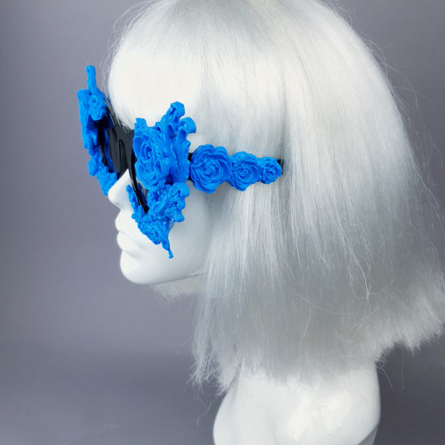 "La Belle Otero" Ornate Blue Filigree on Black Sunglasses