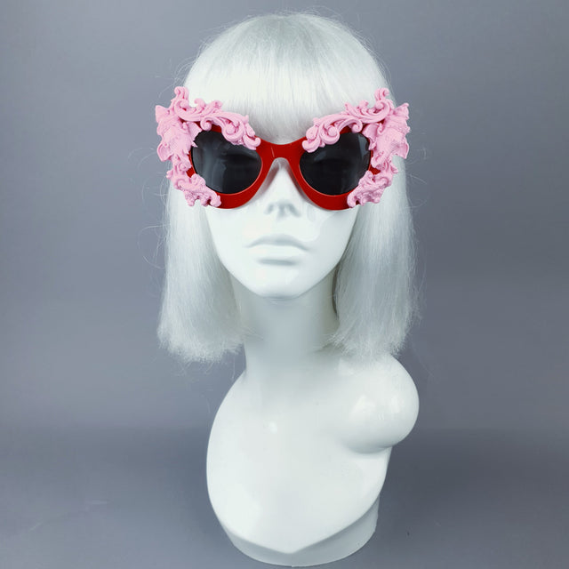 "Deva" Pink Filigree Ganesh on Red Catseye Sunglasses