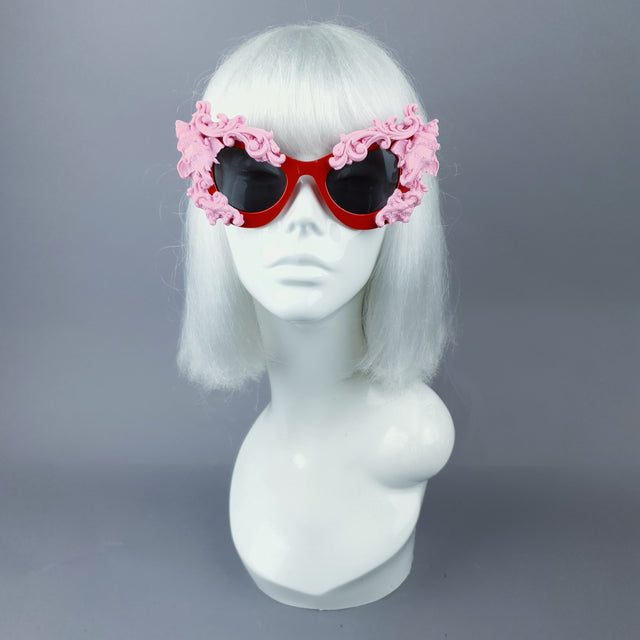 "Deva" Pink Filigree Ganesh on Red Catseye Sunglasses