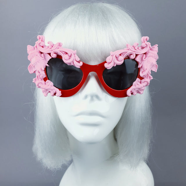 "Deva" Pink Filigree Ganesh on Red Catseye Sunglasses