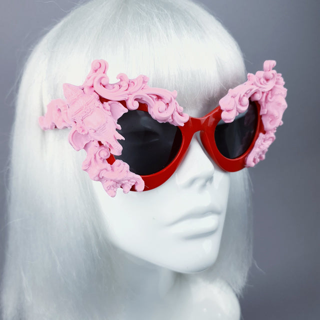 "Deva" Pink Filigree Ganesh on Red Catseye Sunglasses