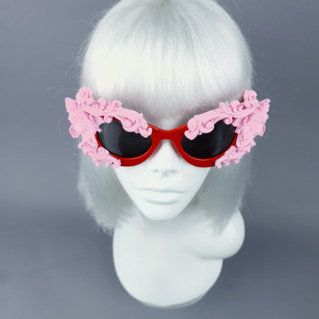 "Deva" Pink Filigree Ganesh on Red Catseye Sunglasses