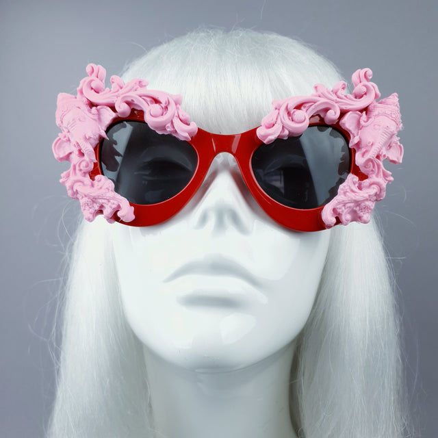"Deva" Pink Filigree Ganesh on Red Catseye Sunglasses
