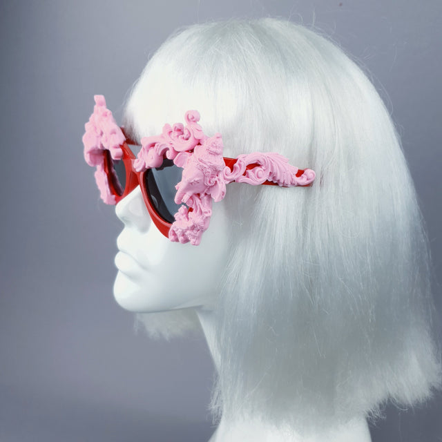 "Deva" Pink Filigree Ganesh on Red Catseye Sunglasses