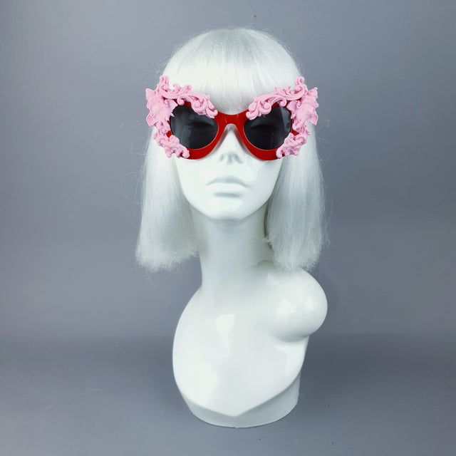 "Deva" Pink Filigree Ganesh on Red Catseye Sunglasses