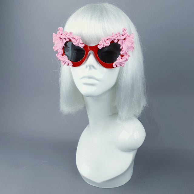 "Deva" Pink Filigree Ganesh on Red Catseye Sunglasses