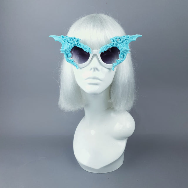 "Bathory" Light Blue & White Filigree Ornate Bat Wing & Cherub Sunglasses