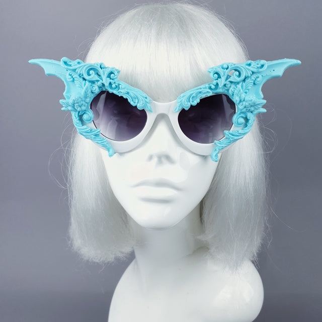 "Bathory" Light Blue & White Filigree Ornate Bat Wing & Cherub Sunglasses