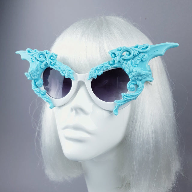 "Bathory" Light Blue & White Filigree Ornate Bat Wing & Cherub Sunglasses