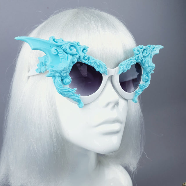 "Bathory" Light Blue & White Filigree Ornate Bat Wing & Cherub Sunglasses