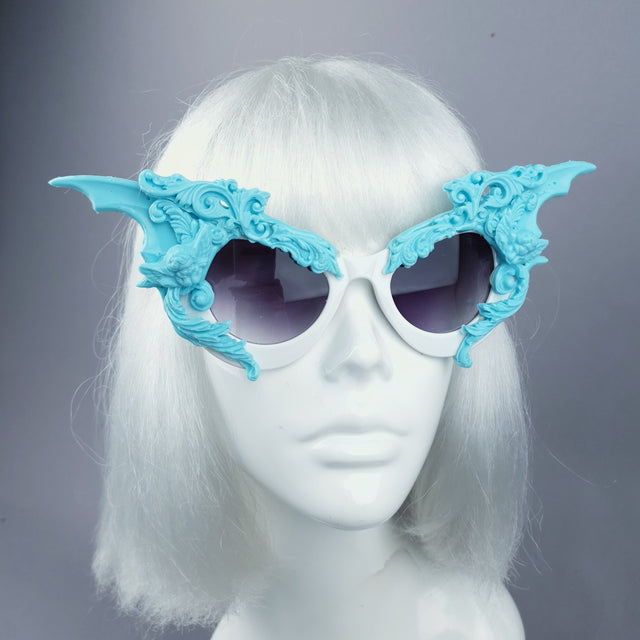 "Bathory" Light Blue & White Filigree Ornate Bat Wing & Cherub Sunglasses
