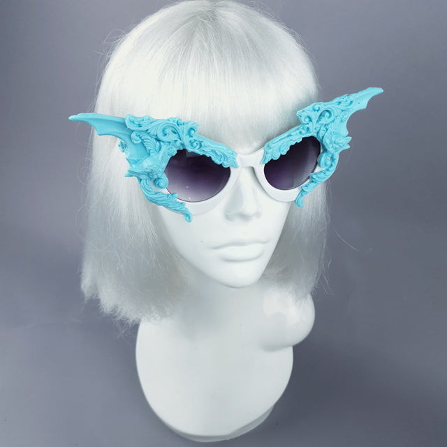 "Bathory" Light Blue & White Filigree Ornate Bat Wing & Cherub Sunglasses