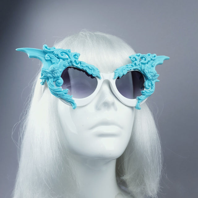 "Bathory" Light Blue & White Filigree Ornate Bat Wing & Cherub Sunglasses