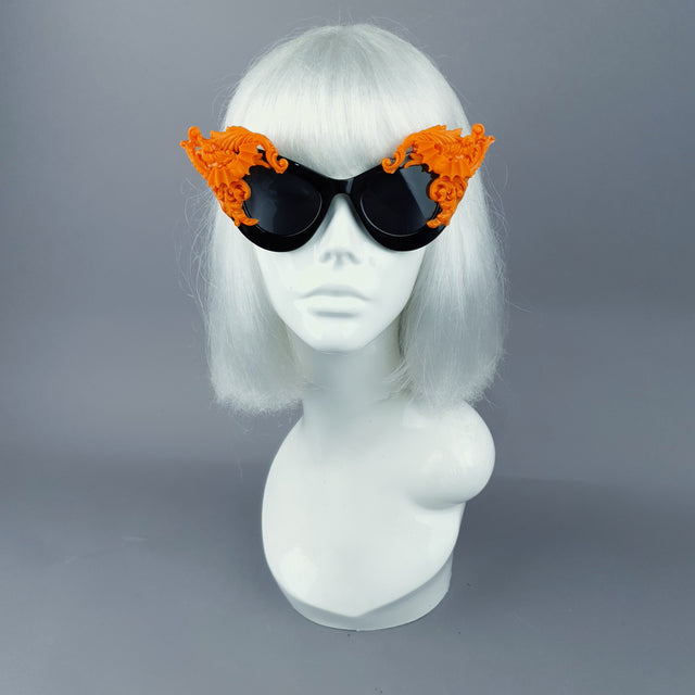 "Banshee" Ornate Orange Filigree & Bats on Black Sunglasses