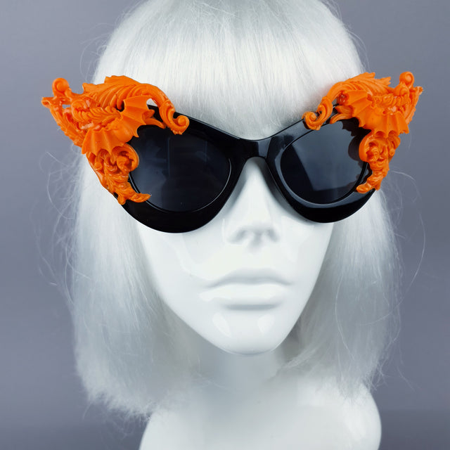 "Banshee" Ornate Orange Filigree & Bats on Black Sunglasses