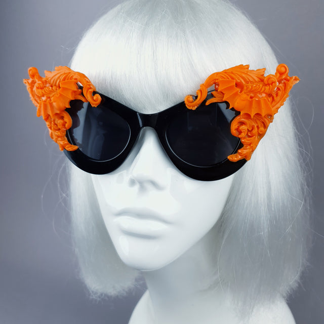 "Banshee" Ornate Orange Filigree & Bats on Black Sunglasses