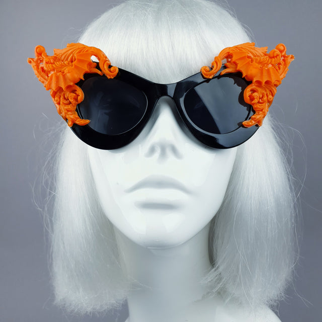 "Banshee" Ornate Orange Filigree & Bats on Black Sunglasses