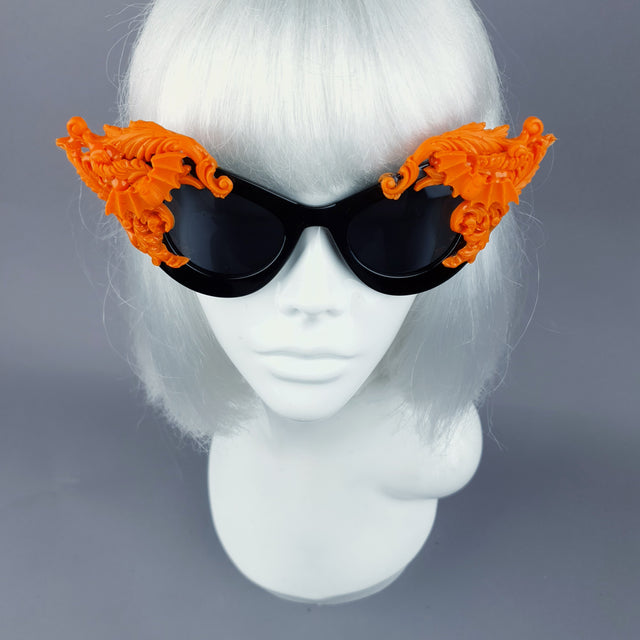 "Banshee" Ornate Orange Filigree & Bats on Black Sunglasses